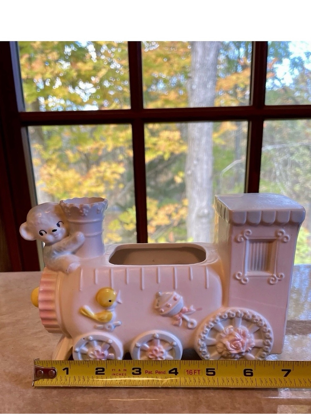 Pink Ceramic Train Planter with Bear Accent